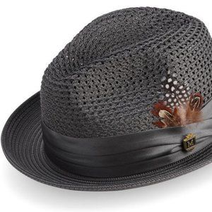 Montique BLACKPinch Braided Fedora With Matching Satin Ribbon- Brim 1 7/8. H 34
